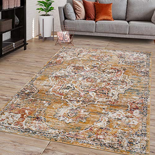 TT Home Wohnzimmer Teppich Kurzflor Pastell Marokkanisches Design Mit Bordüre Used Look, Farbe:Gelb, Größe:120x170 cm von TT Home