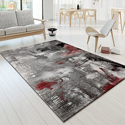 TT Home Wohnzimmer Teppich Kurzflor Soft Modern Abstrakte Designs, Farbe: grau-rot, Größe:200x290 cm von TT Home