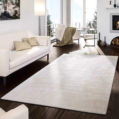 TT Home Wohnzimmer Teppich Viskose Kurzflor Unifarben Used Look Abstraktes Design Modern, Farbe: Beige Creme, Größe:200x300 cm von TT Home
