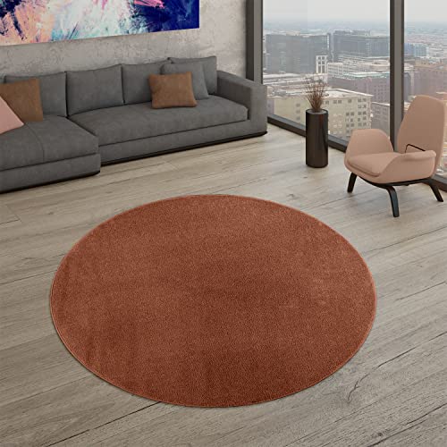 TT Home Wohnzimmer Teppich Kurzflor Unifarbendes Design Modern Und Zeitlos, Farbe: Braun Orange, Größe:120 cm Rund von TT Home