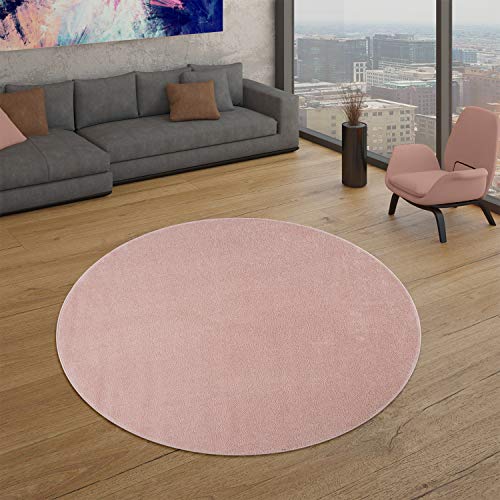 TT Home Wohnzimmer Teppich Kurzflor Unifarbendes Design Modern Und Zeitlos, Farbe: Rose, Größe:Ø 120 cm Rund von TT Home