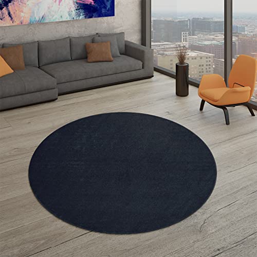 TT Home Wohnzimmer Teppich Kurzflor Unifarbendes Design Modern Und Zeitlos, Farbe: Navy-Blau, Größe:Ø 200 cm Rund von TT Home