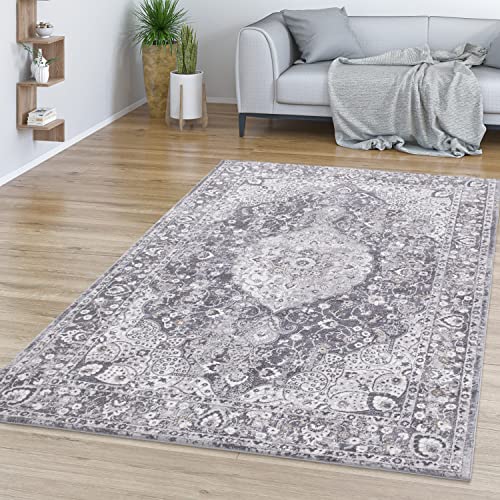 TT Home Wohnzimmer Teppich Kurzflor Used Look Umrandung Ornamente Orientalisches Design, Farbe: Grau Creme, Größe:200x290 cm von TT Home