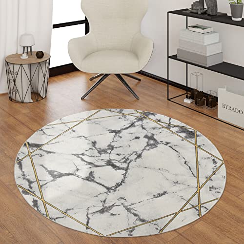 TT Home Wohnzimmer Teppich Kurzflor Wohnzimmerteppich 3D Optik Modern Marmor Design, Farbe:Gold 3, Größe:120 cm Rund von TT Home