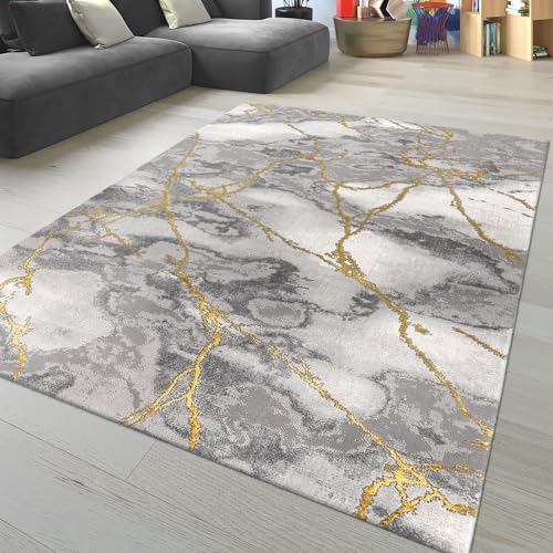 TT Home Wohnzimmer Teppich Kurzflor Wohnzimmerteppich 3D Optik Modern Marmor Design, Farbe:Grau Beige Gold, Größe:80x150 cm von TT Home