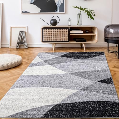TT Home Wohnzimmer Teppich Kurzflor Wohnzimmerteppich Modern Abstrakt, Farbe: Grau Schwarz, Größe:80x150 cm von TT Home