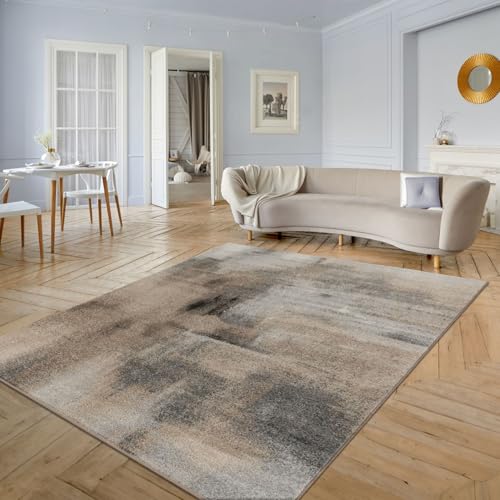 TT Home Wohnzimmer Teppich Kurzflor Wohnzimmerteppich Modern Plüschig Abstrakt, Farbe:Grau Braun Creme, Größe:120x160 cm von TT Home