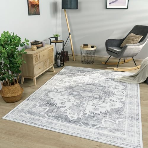 TT Home Wohnzimmer Teppich Kurzflor Wohnzimmerteppich Used Look Ornamente Marokkanisch, Farbe:Grau Creme, Größe:60x100 cm von TT Home