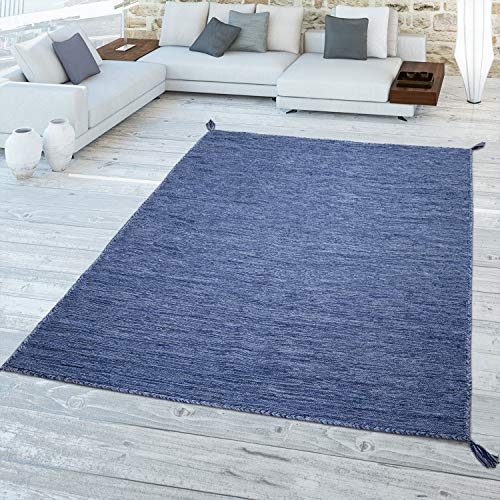 TT Home Wohnzimmer Teppich Modern Unifarben Fransen Naturfaser Gewebter Teppich Blau, Größe:160x220 cm von TT Home