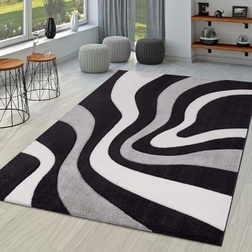 TT Home Wohnzimmer Teppich Moderner Kurzflor 3D Optik Geometrisches Wellen Design, Farbe:Schwarz, Größe:60x110 cm von TT Home