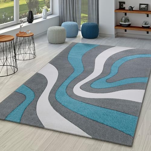 TT Home Wohnzimmer Teppich Moderner Kurzflor 3D Optik Geometrisches Wellen Design, Farbe:Türkis, Größe:80x300 cm von TT Home