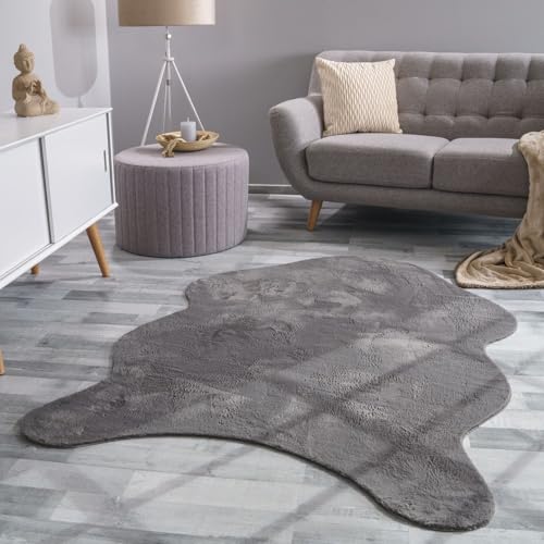 TT Home Wohnzimmer Teppich Unifarben Flauschig Modern Kunstfell Kurzflor, Farbe: Anthrazit, Größe:60x90 cm Fell-Form von TT Home