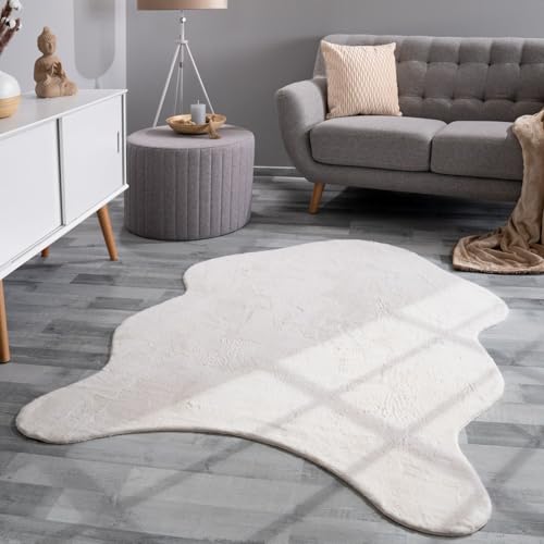 TT Home Wohnzimmer Teppich Unifarben Flauschig Modern Kunstfell Kurzflor, Farbe: Creme, Größe:100x200 cm Fell-Form von TT Home