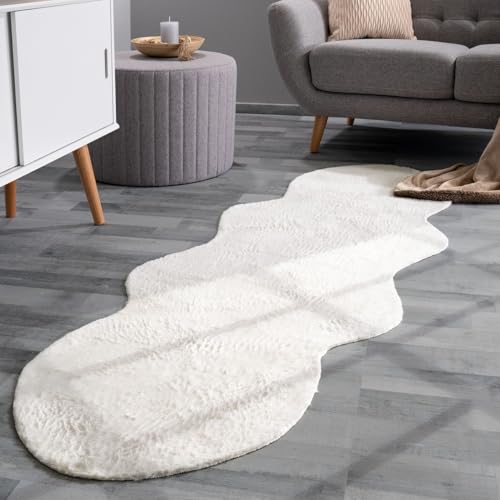 TT Home Wohnzimmer Teppich Unifarben Flauschig Modern Kunstfell Kurzflor, Farbe: Creme, Größe:70x200 cm Fell-Form von TT Home