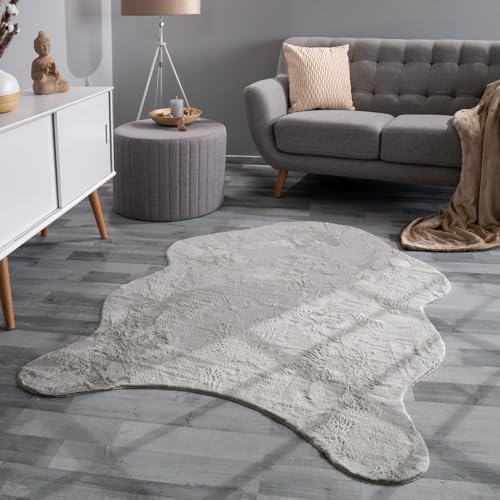 TT Home Wohnzimmer Teppich Unifarben Flauschig Modern Kunstfell Kurzflor, Farbe: Grau, Größe:60x90 cm Fell-Form von TT Home