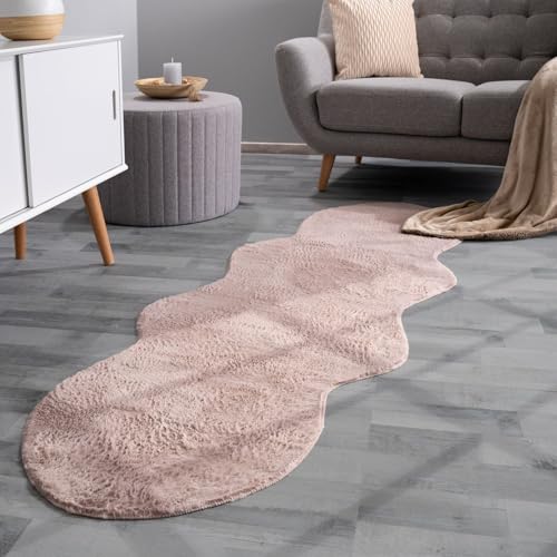TT Home Wohnzimmer Teppich Unifarben Flauschig Modern Kunstfell Kurzflor, Farbe: Rose, Größe:70x200 cm Fell-Form von TT Home