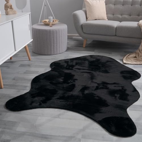 TT Home Wohnzimmer Teppich Unifarben Flauschig Modern Kunstfell Kurzflor, Farbe: Schwarz, Größe:100x200 cm Fell-Form von TT Home