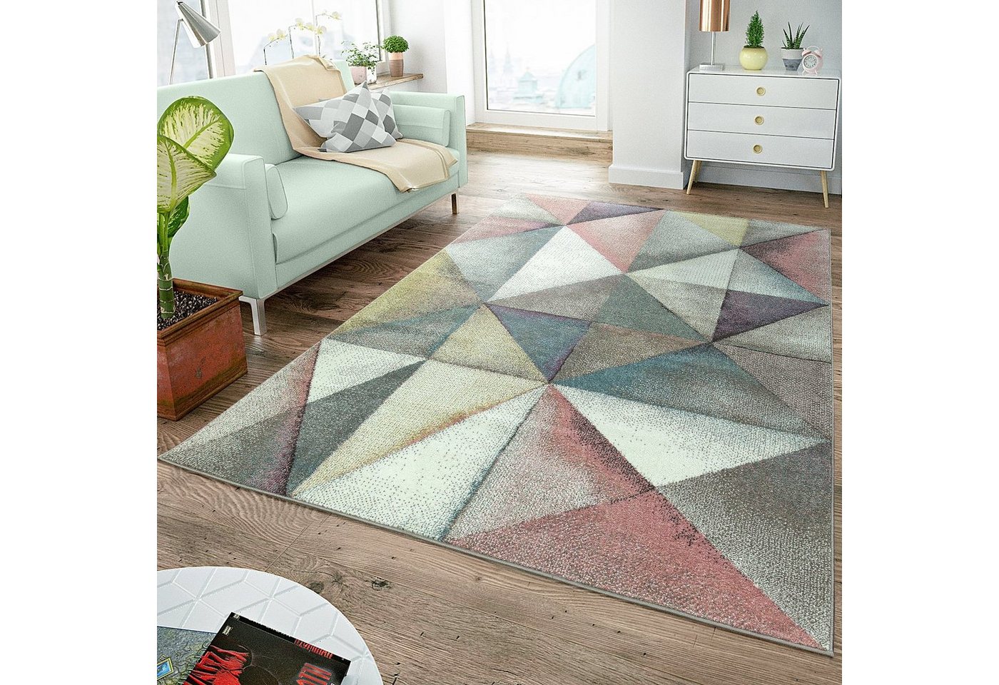 Teppich Moderner Kurzflor Teppich Pastellfarben Geometrisches Design, TT Home, Läufer, Höhe: 13 mm von TT Home