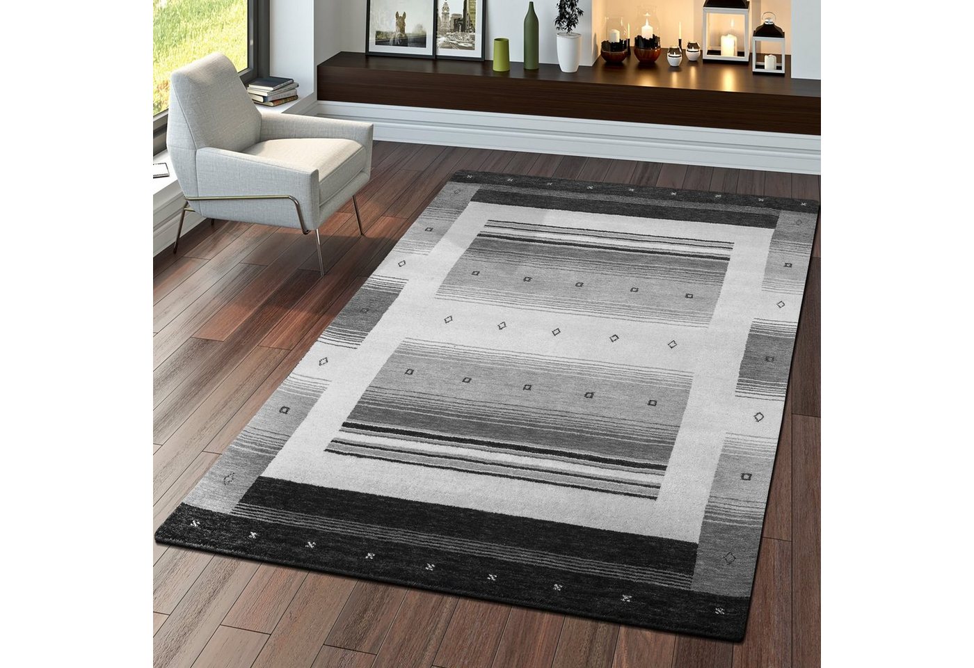 Teppich Indischer Gabbeh Handgefertigt Qualität Wolle Meliert Bordüre Grau, TT Home, rechteckig, Höhe: 13 mm von TT Home