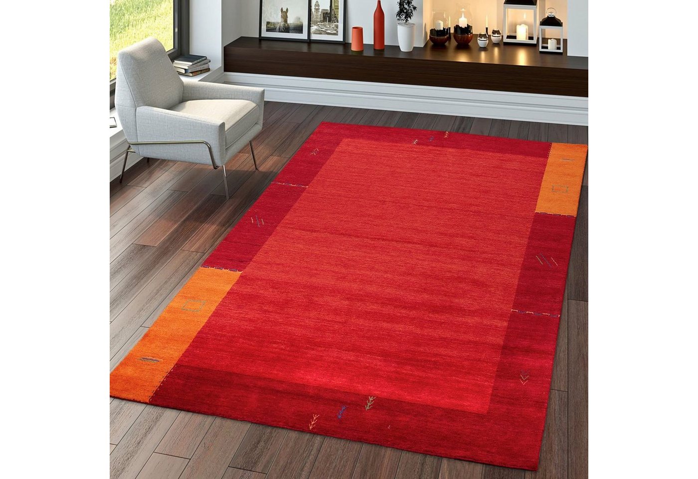 Teppich Handgertigter Indischer Gabbeh 100% Wolle Bordüre Terrakotta Orange, TT Home, Läufer, Höhe: 13 mm von TT Home
