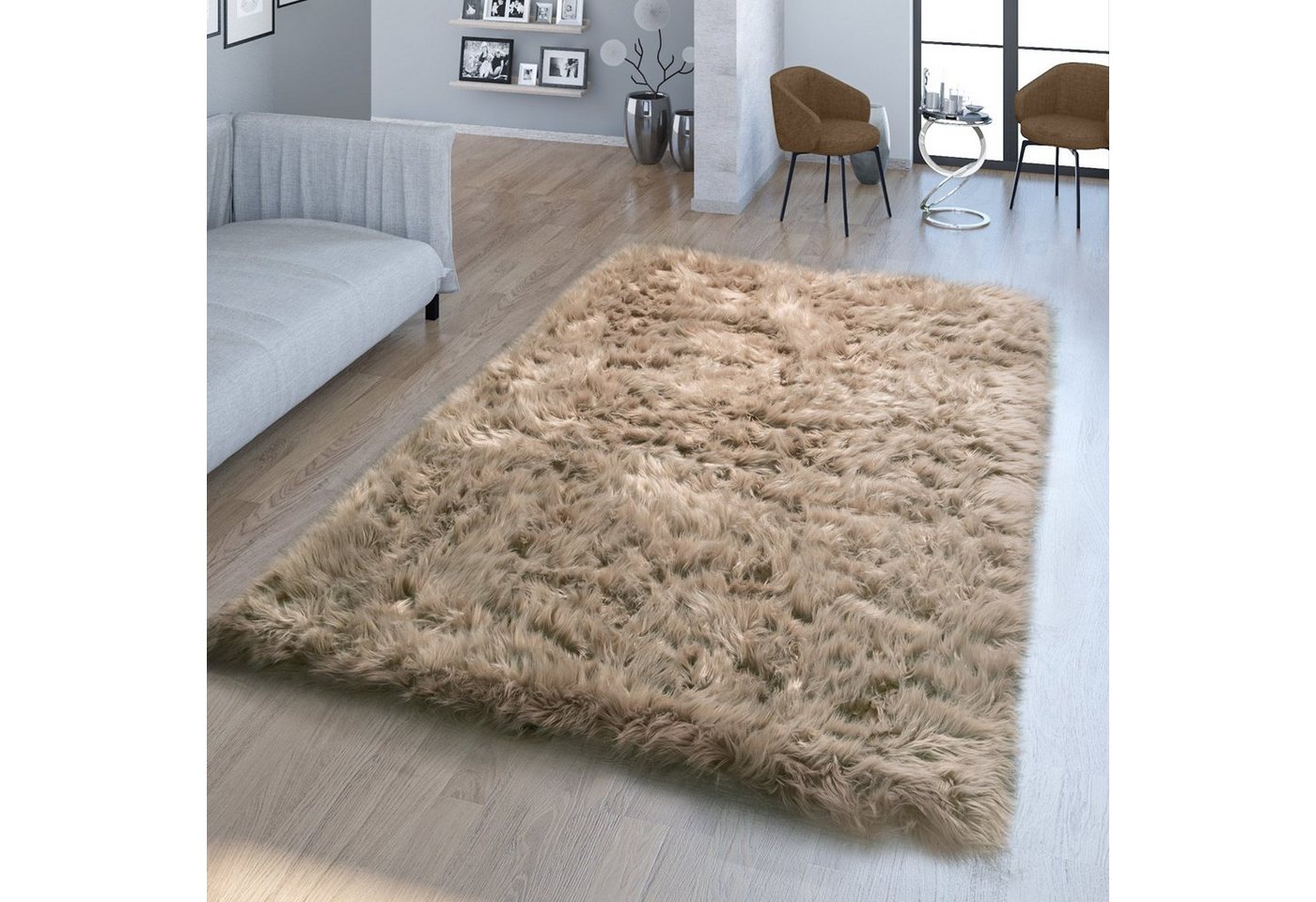 Fellteppich Wohnzimmer Hochflor Teppich Kunst-Fell Design, TT Home, rund, Höhe: 64 mm von TT Home