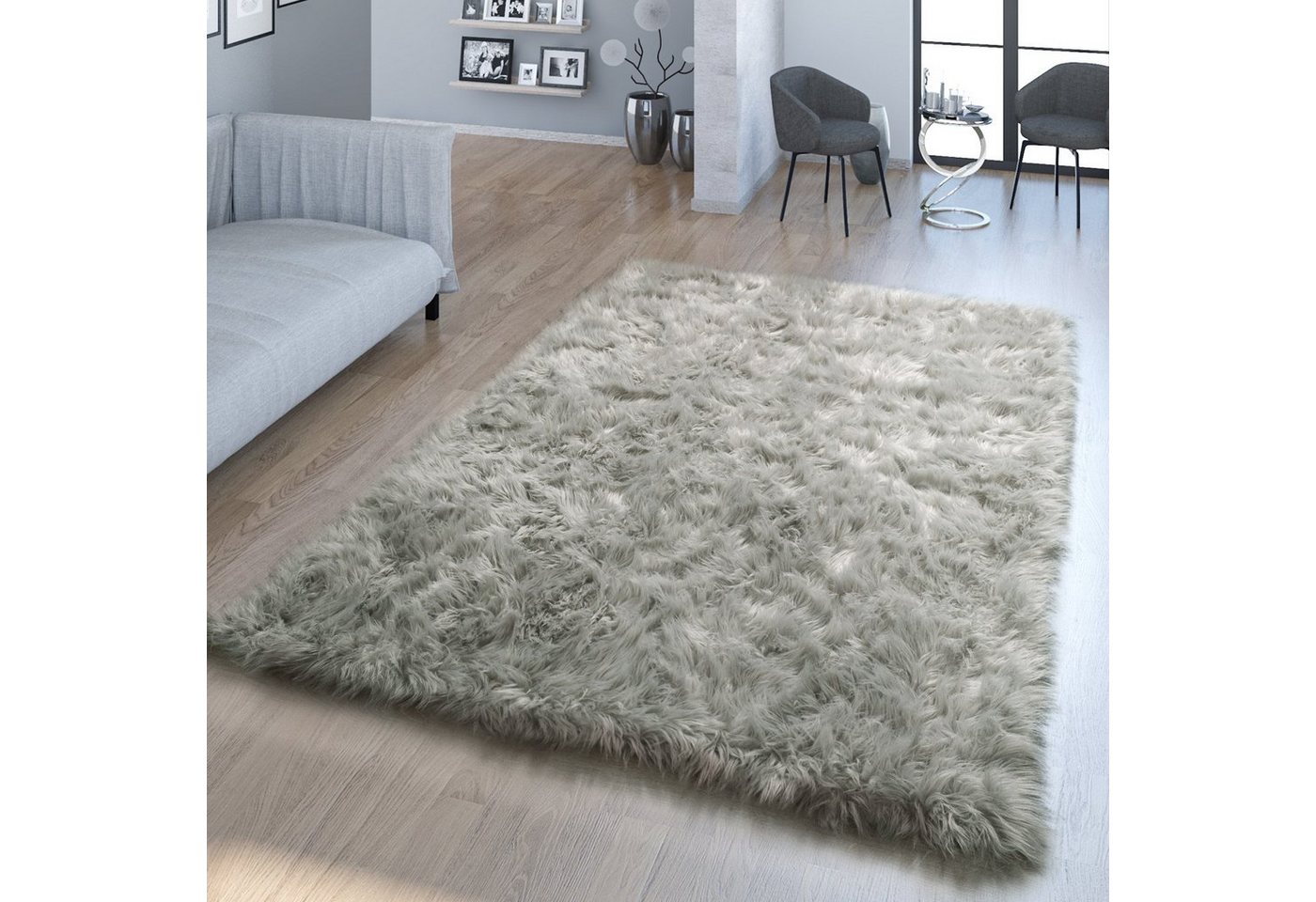 Fellteppich Wohnzimmer Hochflor Teppich Kunst-Fell Design, TT Home, rund, Höhe: 64 mm von TT Home