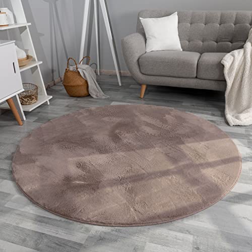 Wohnzimmer Teppich Hochflor Langflor Kunstfell Weich Modern Unifarben Flauschig, Farbe: Beige Taupe, Größe:200 cm Rund von TT Home