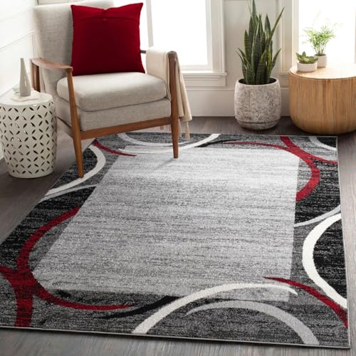 TT Home Wohnzimmer Teppich Kurzflor Modern Meliert Gewelltes Design Mit Umrandung, Farbe: Grau Rot Anthrazit, Größe:80x150 cm von TT Home