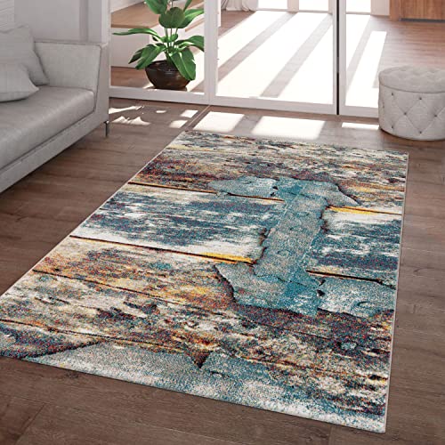 Wohnzimmer Teppich Kurzflor Soft 3D Holz Design Used Look, Farbe: Blau Braun Bunt, Größe:120x170 cm von TT Home
