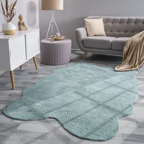 TT Home Wohnzimmer Teppich Unifarben Flauschig Modern Kunstfell Kurzflor, Farbe: Türkis, Größe:140x200 cm Fell-Form von TT Home