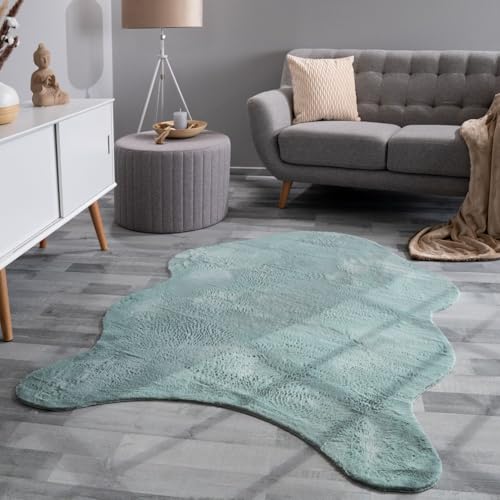 TT Home Wohnzimmer Teppich Unifarben Flauschig Modern Kunstfell Kurzflor, Farbe: Türkis, Größe:60x90 cm Fell-Form von TT Home