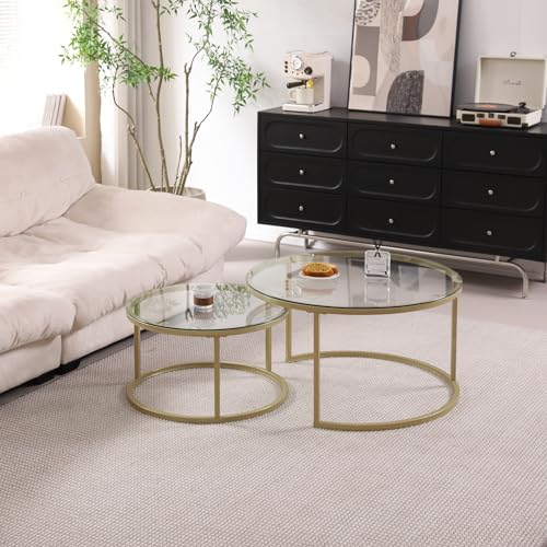 TTATC 2er-Set Runder Beistelltisch, Couchtisch im Industriestil mit Metallbeinen, Glasplatte, groß 60 x 60 x 45 cm und klein 40 x 40 x 35 cm, G-Gold von TTATC