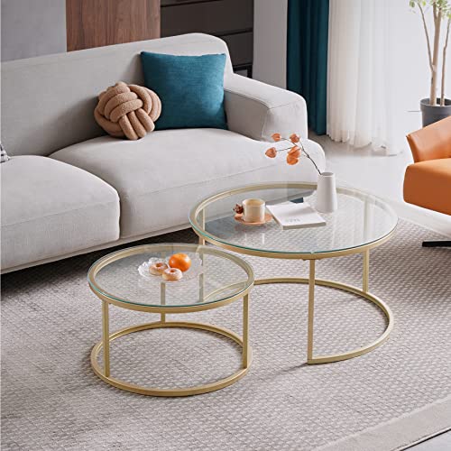 TTATC 2er-Set Runder Beistelltisch, Couchtisch im Industriestil mit Metallbeinen, Glasplatte, groß 80 x 80 x 45 cm und klein 60 x 60 x 35 cm, G-Gold von TTATC