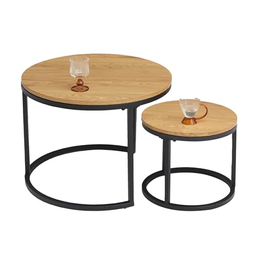 TTATC 2er-Set Runder Beistelltisch,Couchtisch im Industriestil mit Metallbeinen, MDF-Tischplatte, Groß 60 x 60 x 45 cm und Klein 40 x 40 x 35 cm, Hellbraun von TTATC