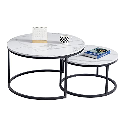 TTATC 2er-Set runder Beistelltisch,Couchtisch im Industriestil mit Metallbeinen, Platte aus MDF-Marmorimitat, groß 60 x 60 x 45 cm und klein 40 x 40 x 35 cm,Schwarz von TTATC