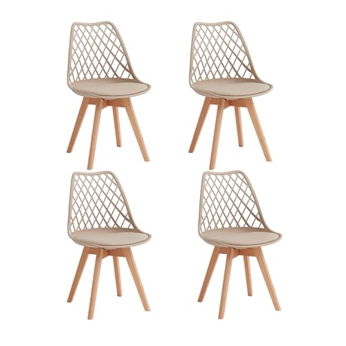 TTATC 4er Set Esszimmerstuhl, Küchenstuhl mit Durchbrochener Netzrückenlehne und Buchenholzbeinen, Wohnzimmerstuhl mit PU-Lederpolster für Wohnzimmer, Esszimmer, Küche-Khaki von TTATC