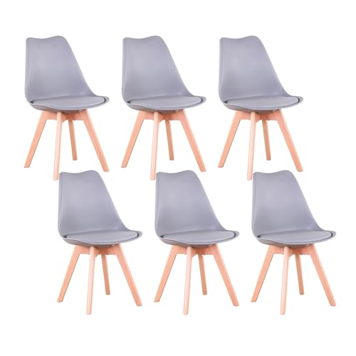 TTATC 6er Set Esszimmerstühle, Moderne Küchenstühle, Wohnzimmerstühle, Kunstleder, gepolsterte Sitzfläche, Holz, Grau von TTATC