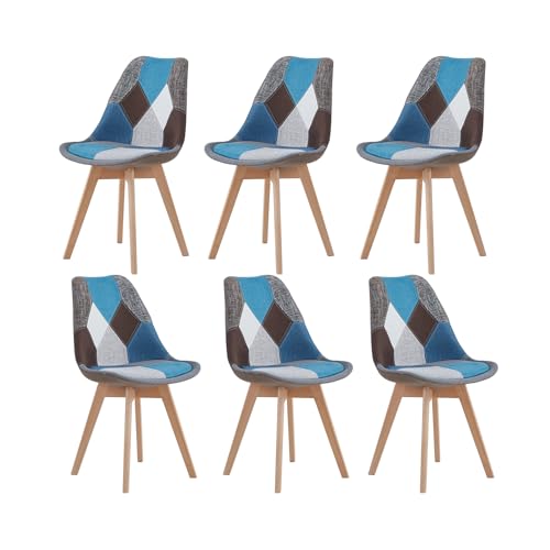 TTATC 6er-Set Esszimmerstühle mit Mehrfarbig gepolstertem Sitz, Moderne Küchenstühle, nordische Stühle, Beine aus massivem Buchenholz, Blau von TTATC