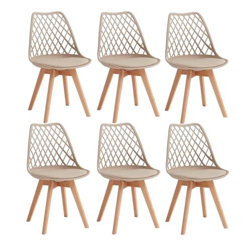 TTATC 6er Set Esszimmerstuhl, Küchenstuhl mit Durchbrochener Netzrückenlehne und Buchenholzbeinen, Wohnzimmerstuhl mit PU-Lederpolster für Wohnzimmer, Esszimmer, Küche-Khaki von TTATC