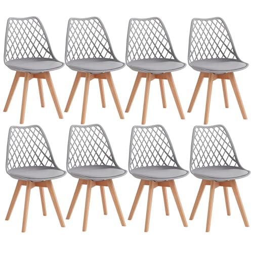 TTATC 8er Set Esszimmerstuhl, Küchenstuhl mit Durchbrochener Netzrückenlehne und Buchenholzbeinen, Wohnzimmerstuhl mit PU-Lederpolster für Wohnzimmer, Esszimmer, Küche-Grau von TTATC