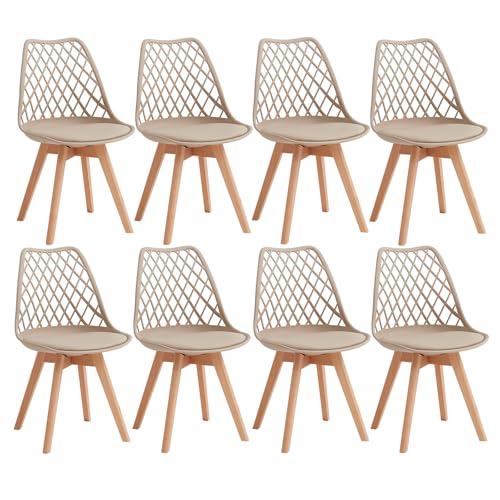 TTATC 8er Set Esszimmerstuhl, Küchenstuhl mit Durchbrochener Netzrückenlehne und Buchenholzbeinen, Wohnzimmerstuhl mit PU-Lederpolster für Wohnzimmer, Esszimmer, Küche-Khaki von TTATC