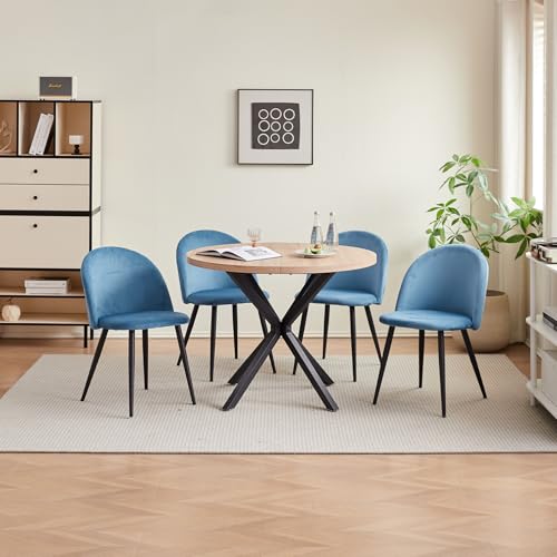TTATC Esszimmergarnitur 5-teilig, 100 cm Esstisch und 4 Esszimmerstühle aus Samt, 4 Stühle mit Tisch für die Küche, Esstisch und Stühle für 4 Personen, (Hellbraun+Blau) von TTATC