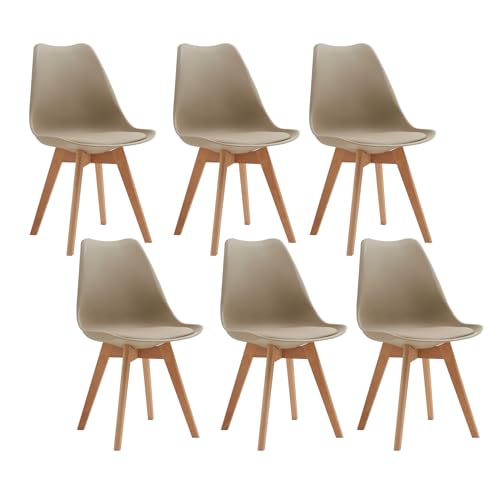 TTATC 6er Set Esszimmerstühle, Moderne Küchenstühle, Wohnzimmerstühle, Kunstleder, Gepolsterte Sitzfläche, Holz, Khaki von TTATC