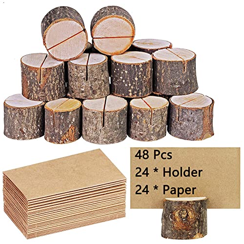 48 Stück Tischkarte Inhaber, Kartenhalter Holz, Fotohalter aus Holz, Holz Kartenhalter, Tischkartenhalter Holz, für Tischnummern Hochzeit, Fotos, Memo, Postkartenhalte (24 Halter + 24 Papierkarte) von TTBDDM