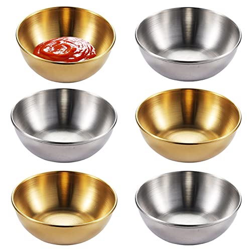 TTBDDM 6 kleine Servierschalen, Dip-Schüssel, kleine Saucenschalen, kleine Schalen aus Metall, runde Saucenschalen, zum Einweichen von Saucen, Snacks, Gewürzen (3 Gold und 3 Silber) von TTBDDM