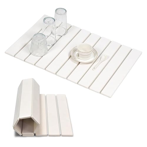 TTIAYAO 1 Abtropfmatte Geschirr Kieselgur Abtropfmatte Wasserabsorbierende Untersetzer für Spüle Und Küche Quick Dry Stone Mat Kitchen,Weiße Geschirr Abtropfmatte mit Faltrand(39×38.5 cm) von TTIAYAO