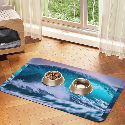 Blaue Ozeanwelle, saugfähige Leder-Tischdecke für Hunde und Katzen, Futtermatte, 60 x 40 cm, 4 mm dick von TTIGLHOH