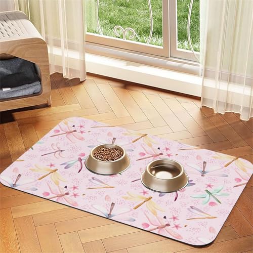 Handbemalte Libellen-Druck, saugfähige Leder-Tischdecke für Hunde und Katzen, Futtermatte, 60 x 40 cm, 4 mm dick von TTIGLHOH