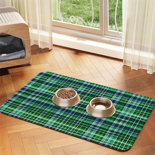 Haustier-Tischdecke mit schottischem Schottenkaro-Druck, saugfähig, für Hunde und Katzen, Futtermatte, 60 x 40 cm, 4 mm dick, Blau und Grün von TTIGLHOH