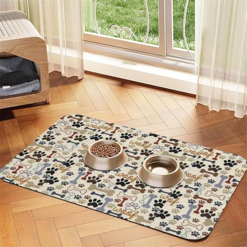 Hundeknochen Pfotenabdruck Haustier saugfähige Leder-Tischdecke für Hunde und Katzen, Futtermatte, 60 x 40 cm, 4 mm dick von TTIGLHOH